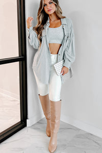 Check Your Attitude Oversized Mixed Fabric Shirt (Light Grey) - NanaMacs