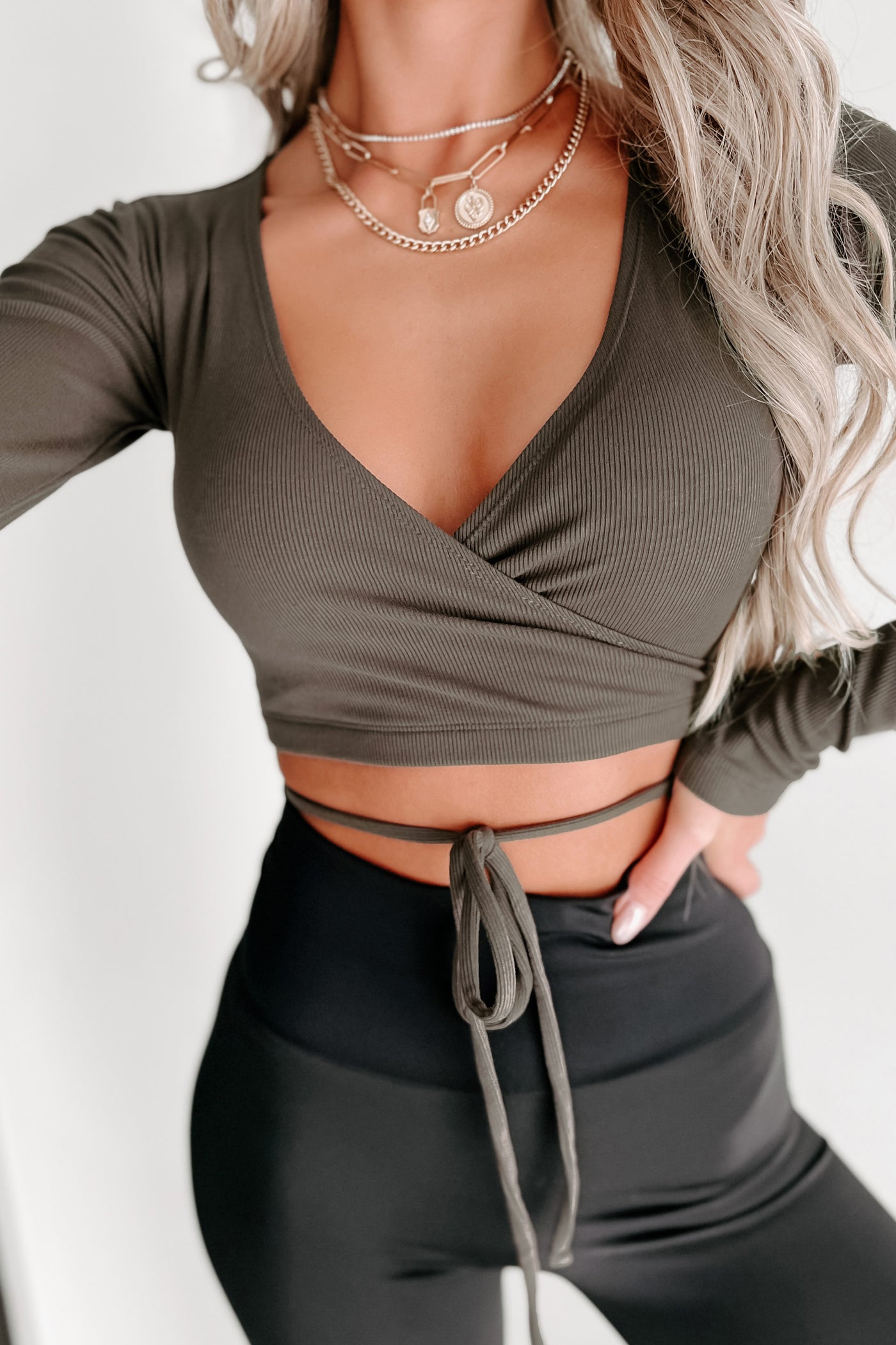 Regret Nothing Ribbed Faux Wrap Crop Top (Olive) - NanaMacs