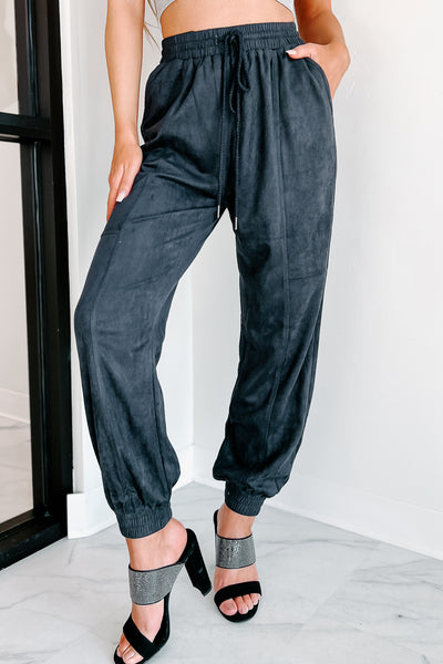 Leave You Lounging Faux Suede Joggers (Black) - NanaMacs