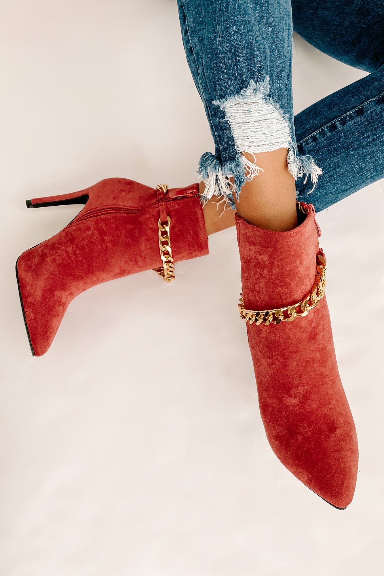 Linked To You Faux Suede Chain Detail Bootie (Rose) - NanaMacs