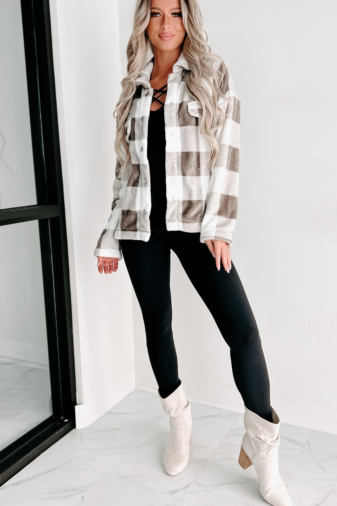 Doorbuster- Too Much To Ask Fuzzy Plaid Jacket (Gray) - NanaMacs