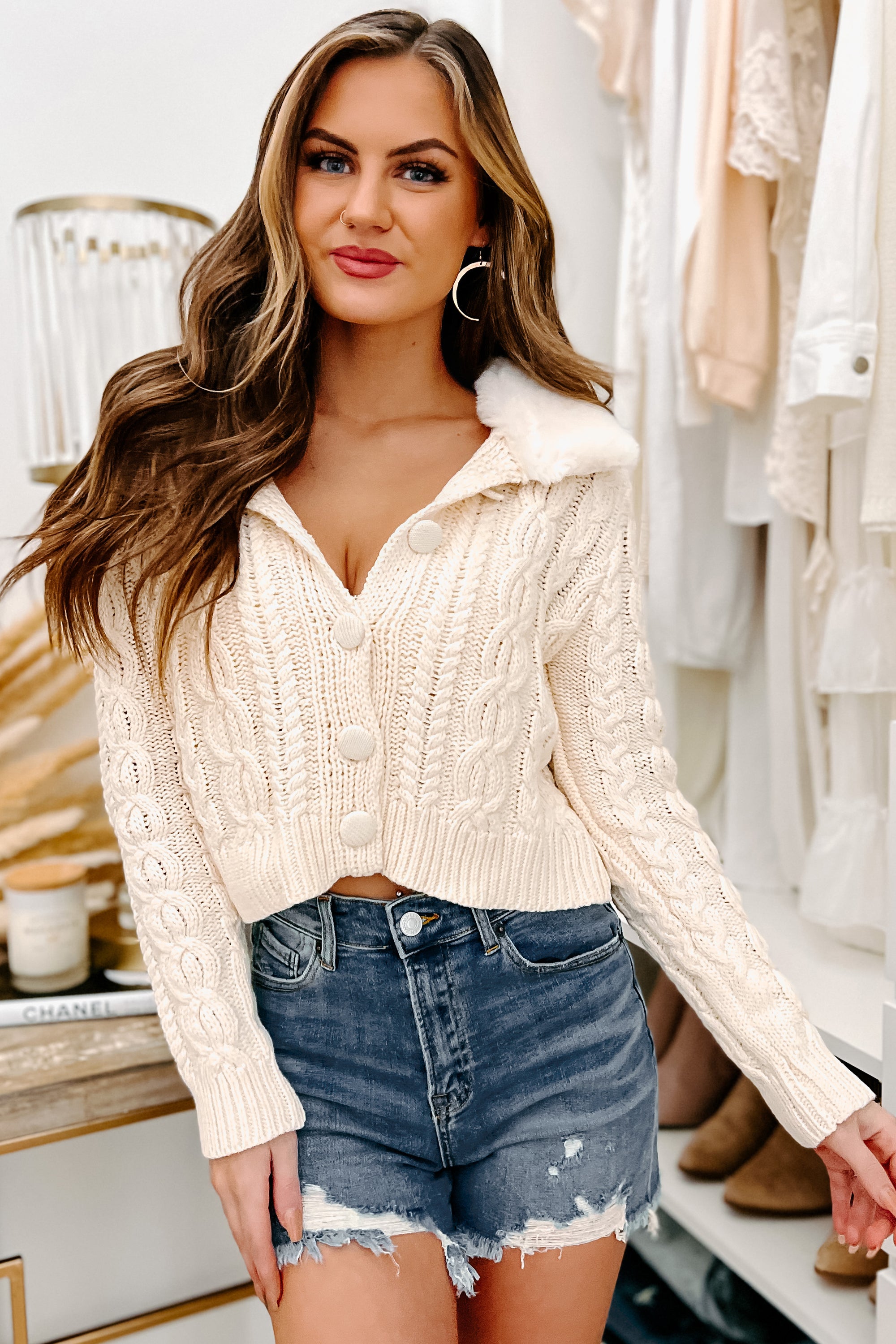Don't Call Me Sweetheart Fur Collared Cable Knit Cardigan (Ivory) - NanaMacs