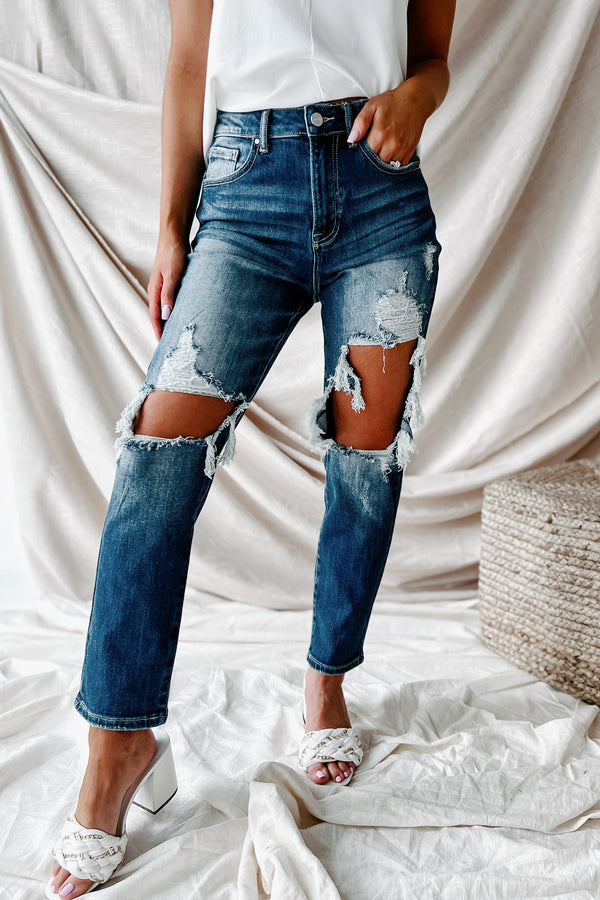 Izetta High Rise Distressed Risen Slim Straight Jeans (Dark) - NanaMacs