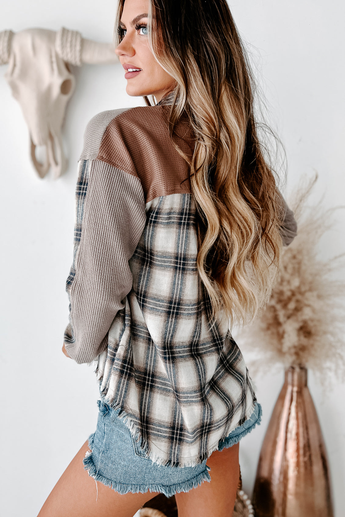 State Of Balance Plaid Long Sleeve Top (Taupe/Grey) - NanaMacs