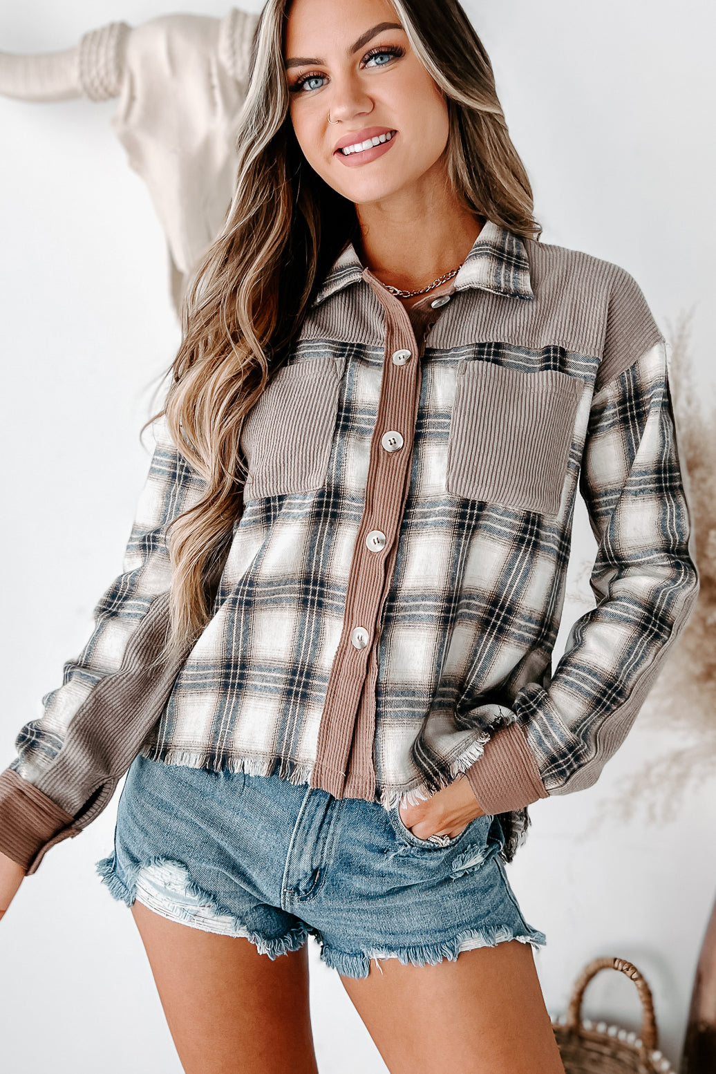 State Of Balance Plaid Long Sleeve Top (Taupe/Grey) - NanaMacs