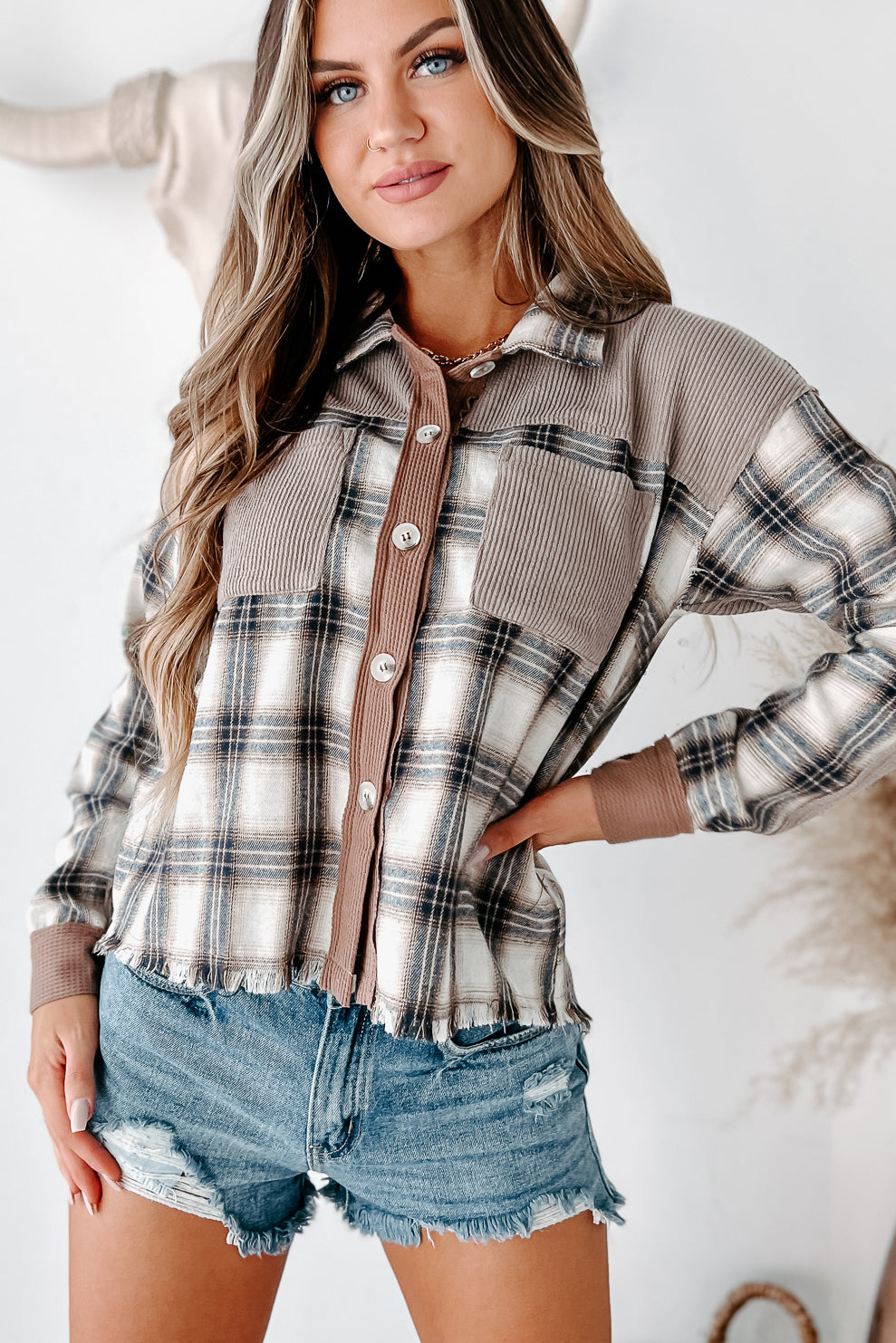 State Of Balance Plaid Long Sleeve Top (Taupe/Grey) - NanaMacs