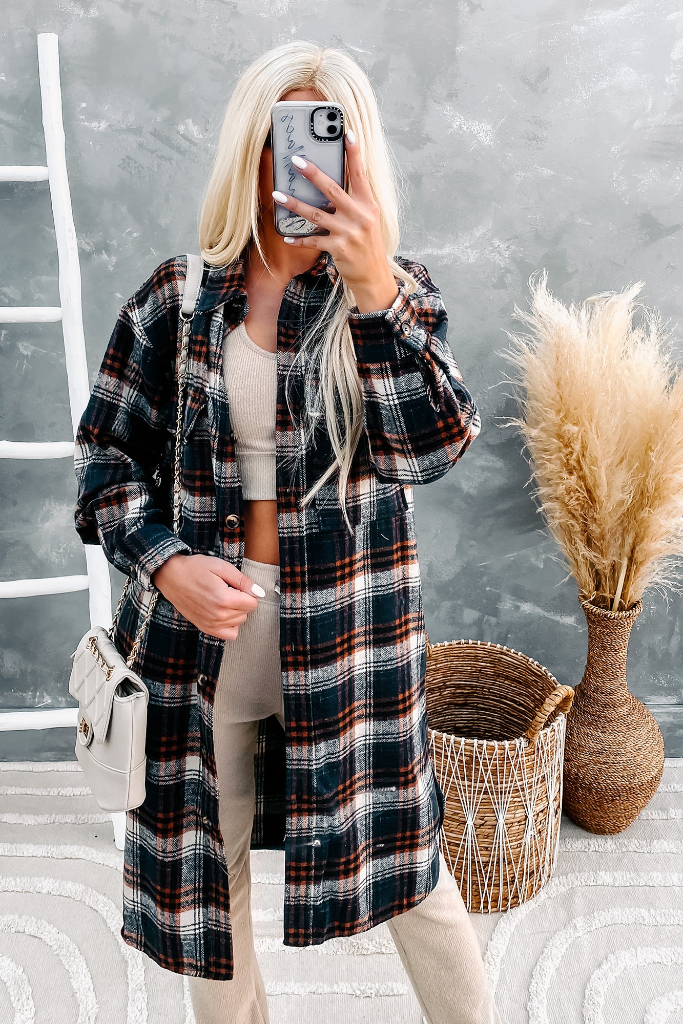 Call Your Bluff Long Plaid Shacket (Navy/Rust) - NanaMacs