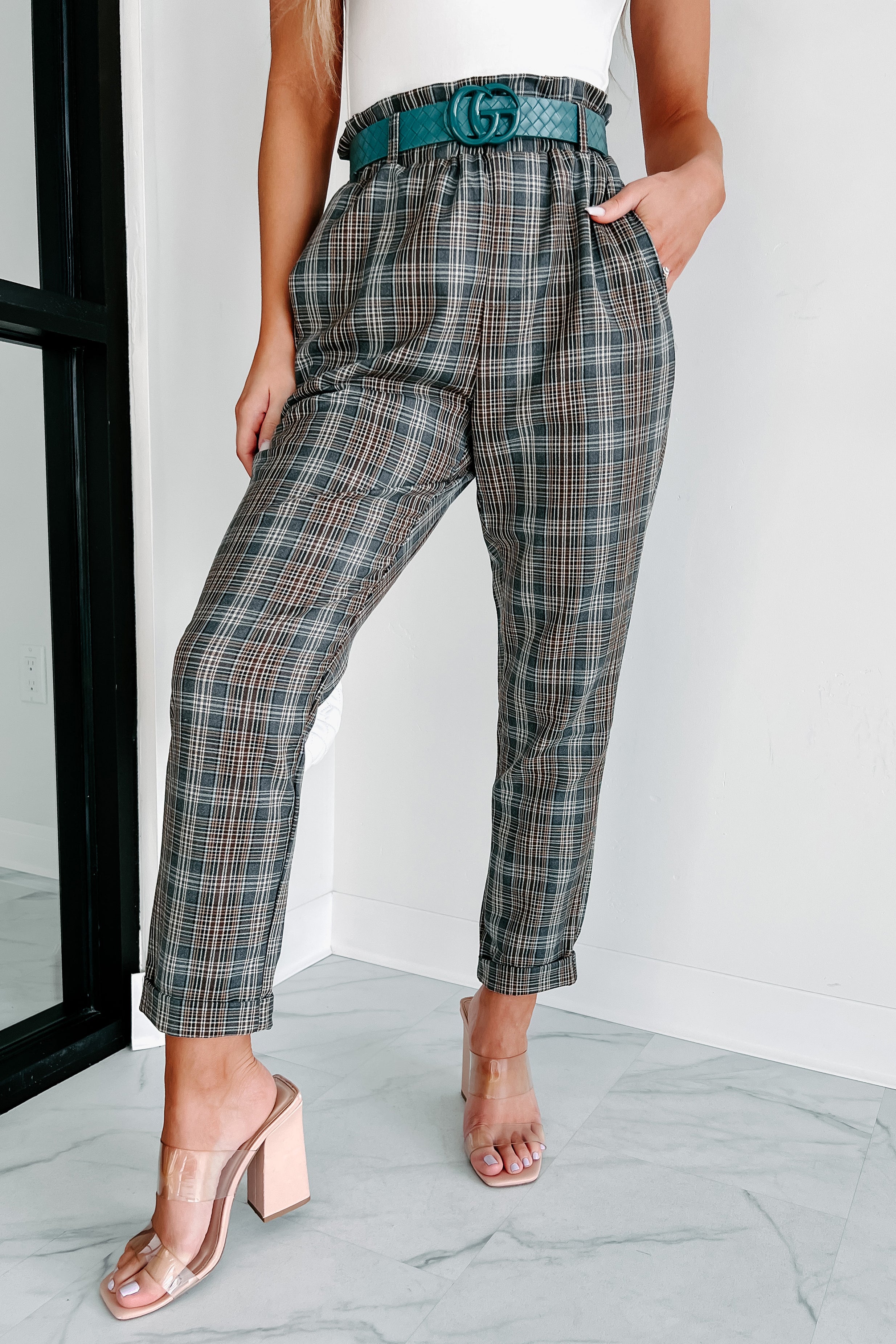 Grey plaid paperbag on sale pants