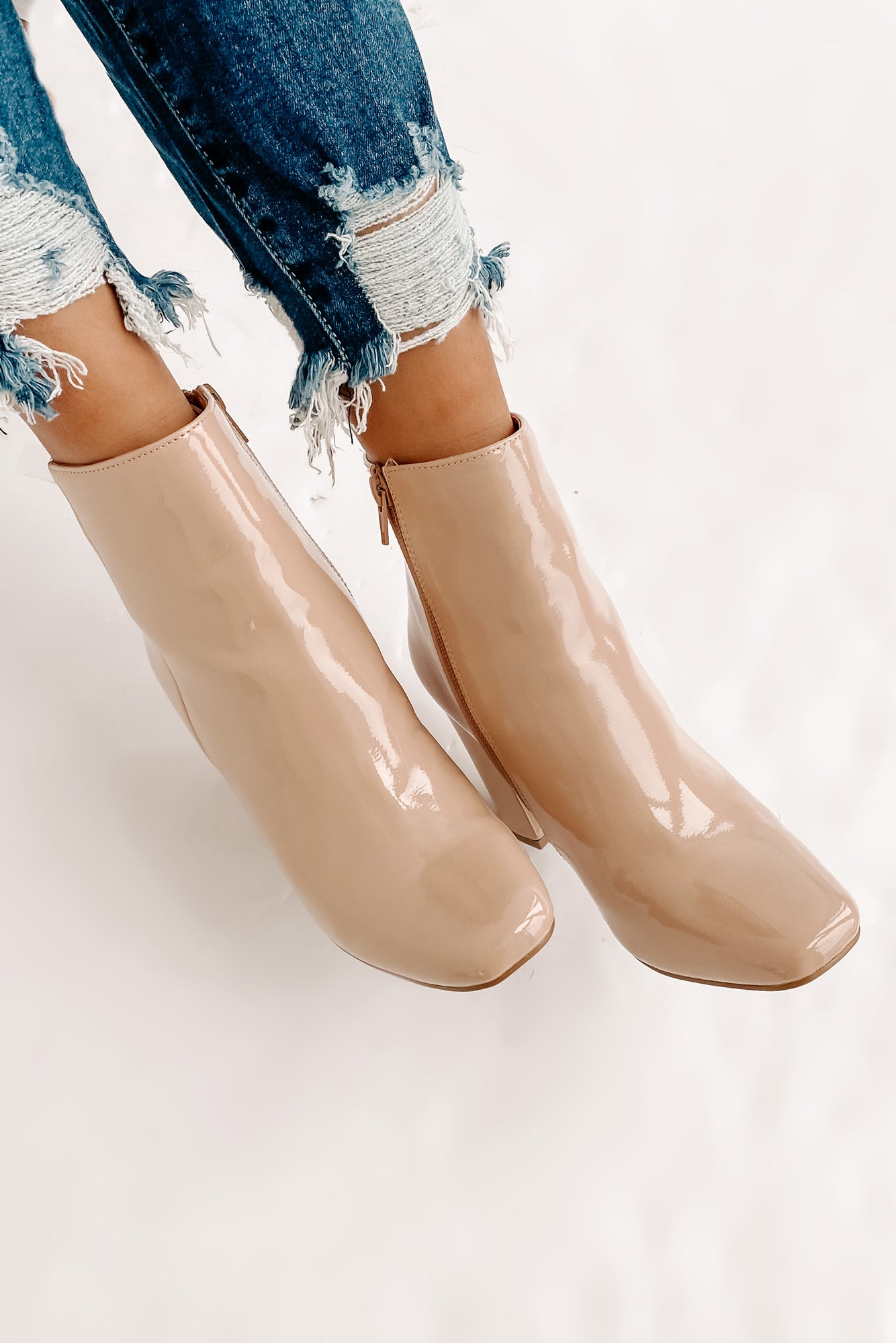 Show Up & Show Off Patent Leather Heeled Ankle Booties (Nude Patent) - NanaMacs
