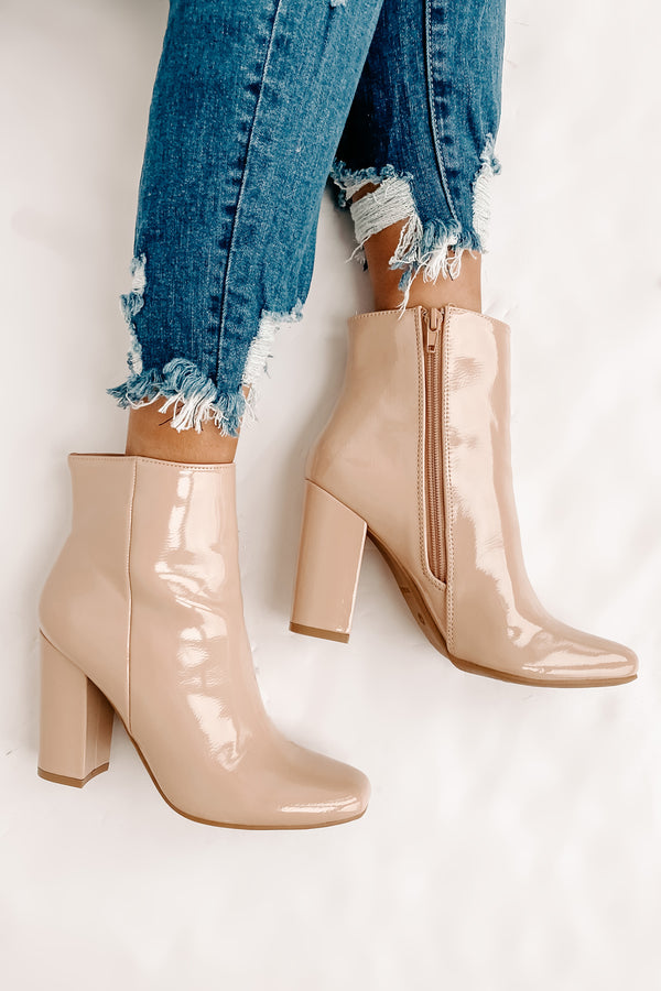 Show Up & Show Off Patent Leather Heeled Ankle Booties (Nude Patent) - NanaMacs