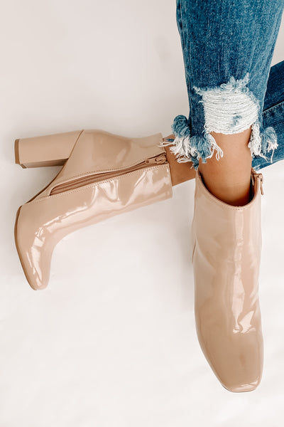 Show Up & Show Off Patent Leather Heeled Ankle Booties (Nude Patent) - NanaMacs