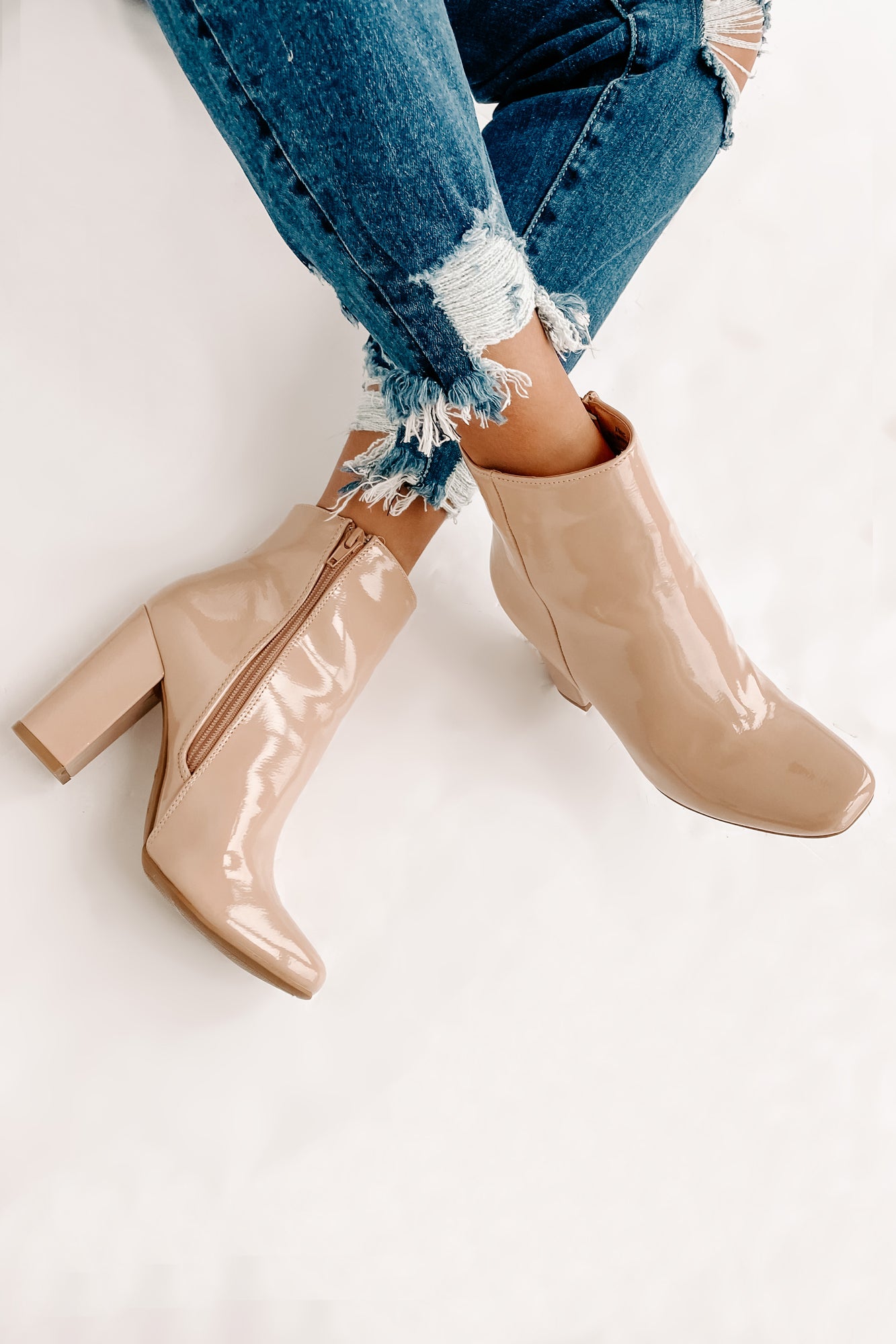 Show Up & Show Off Patent Leather Heeled Ankle Booties (Nude Patent) - NanaMacs