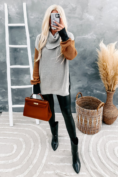 Ida Color Block Cowl Neck Sweater (Grey/Black/Brown) - NanaMacs