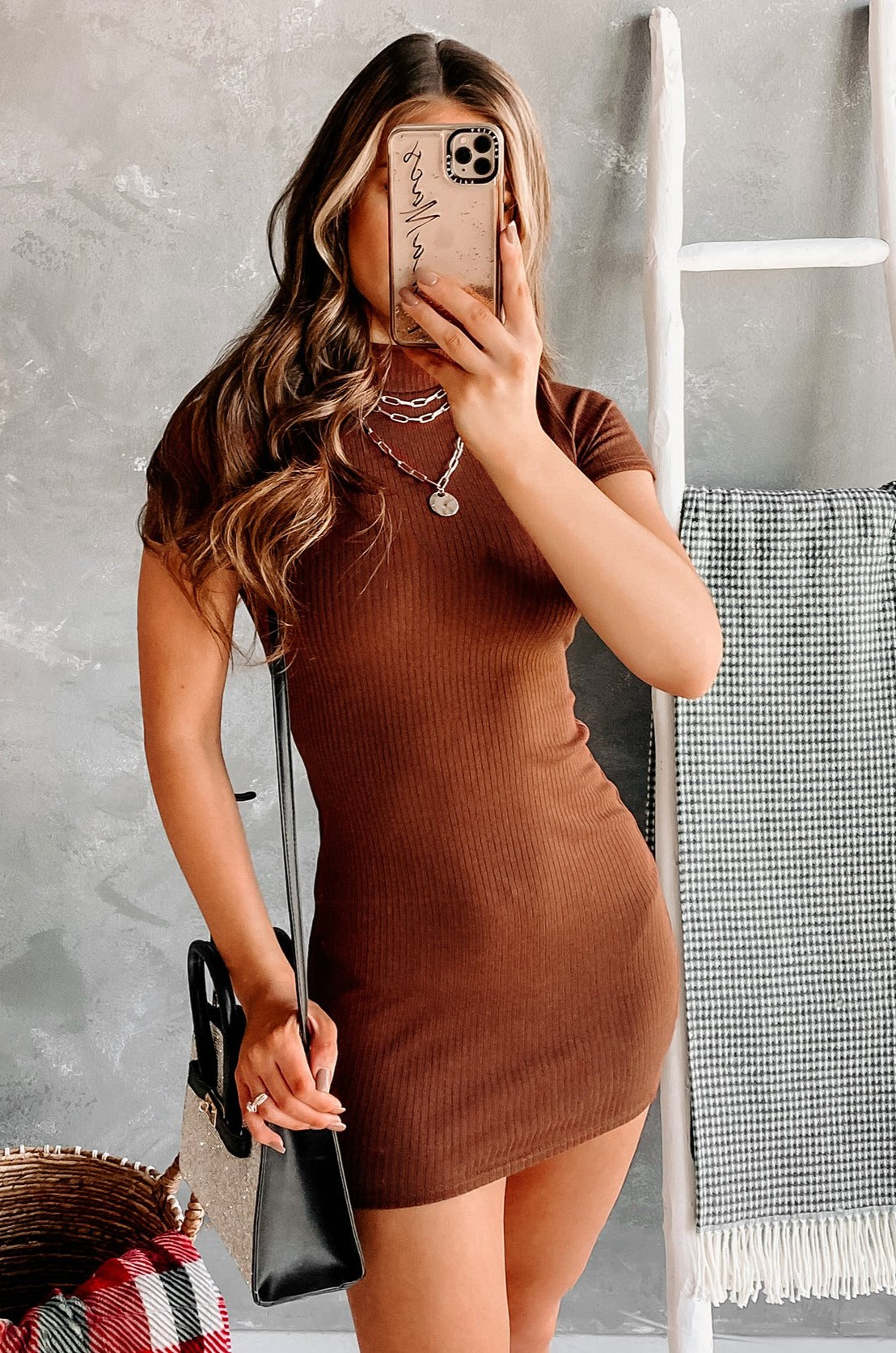 Wishing For More Mock Neck Open Back Bodycon (Red Brown) - NanaMacs