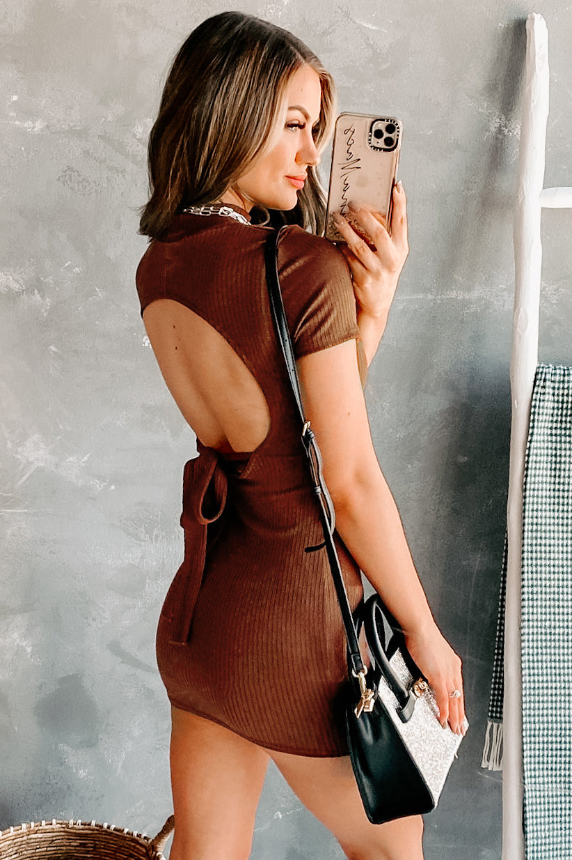 Wishing For More Mock Neck Open Back Bodycon (Red Brown) - NanaMacs