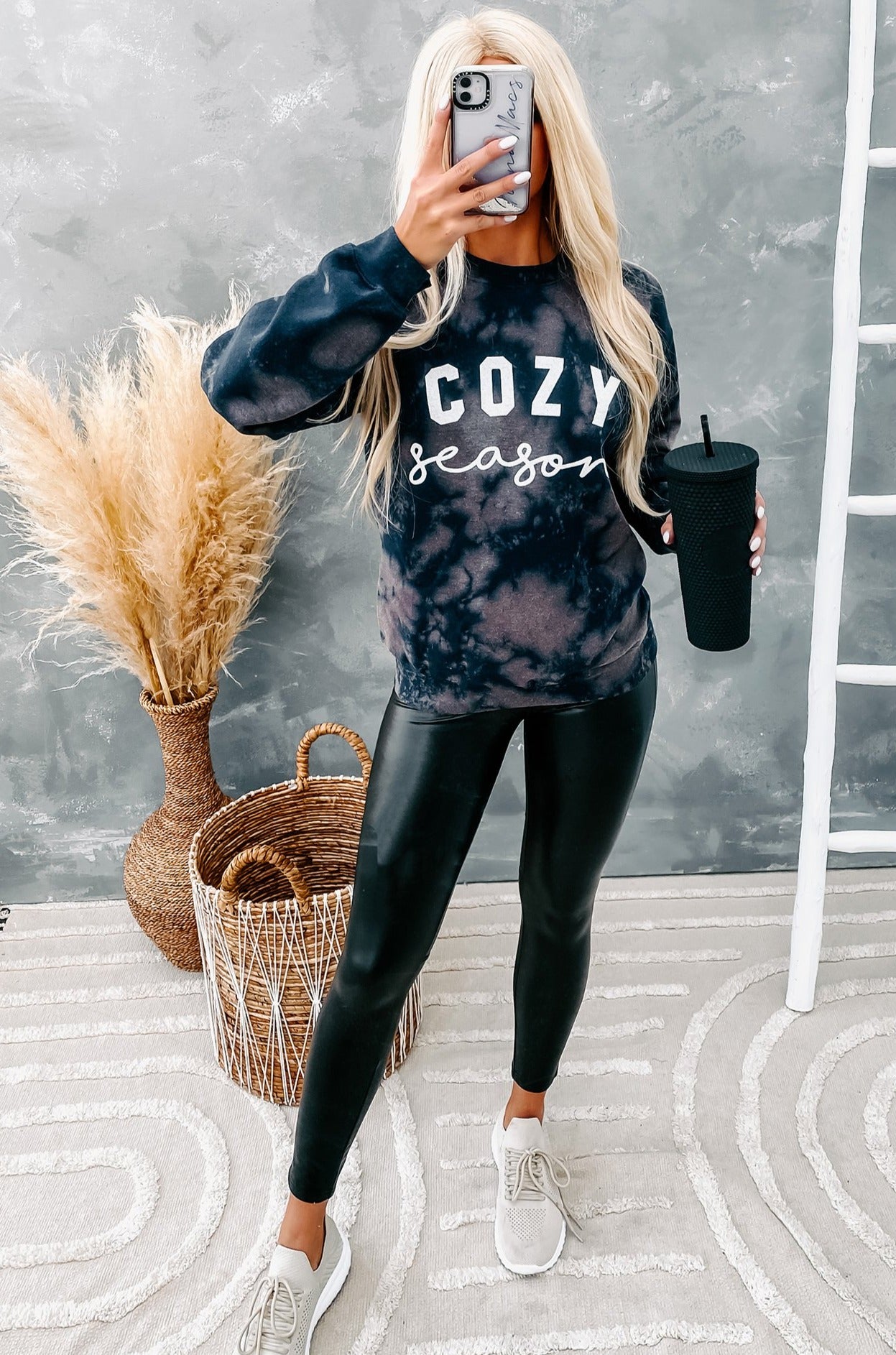 "Cozy Season" Bleached Graphic Sweatshirt (Navy Bleach Splash) - NanaMacs