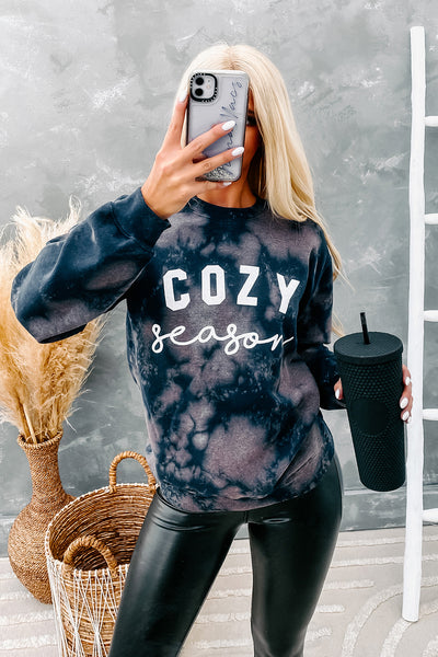 "Cozy Season" Bleached Graphic Sweatshirt (Navy Bleach Splash) - NanaMacs