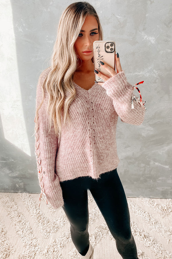 Everlasting Memories Lace-Up Sleeve Sweater (Dusty Rose) - NanaMacs