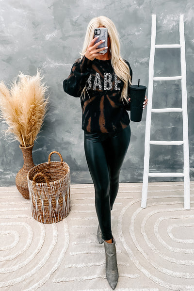 Leopard "Babe" Bleached Graphic Sweatshirt (Black Bleach Swirl) - NanaMacs