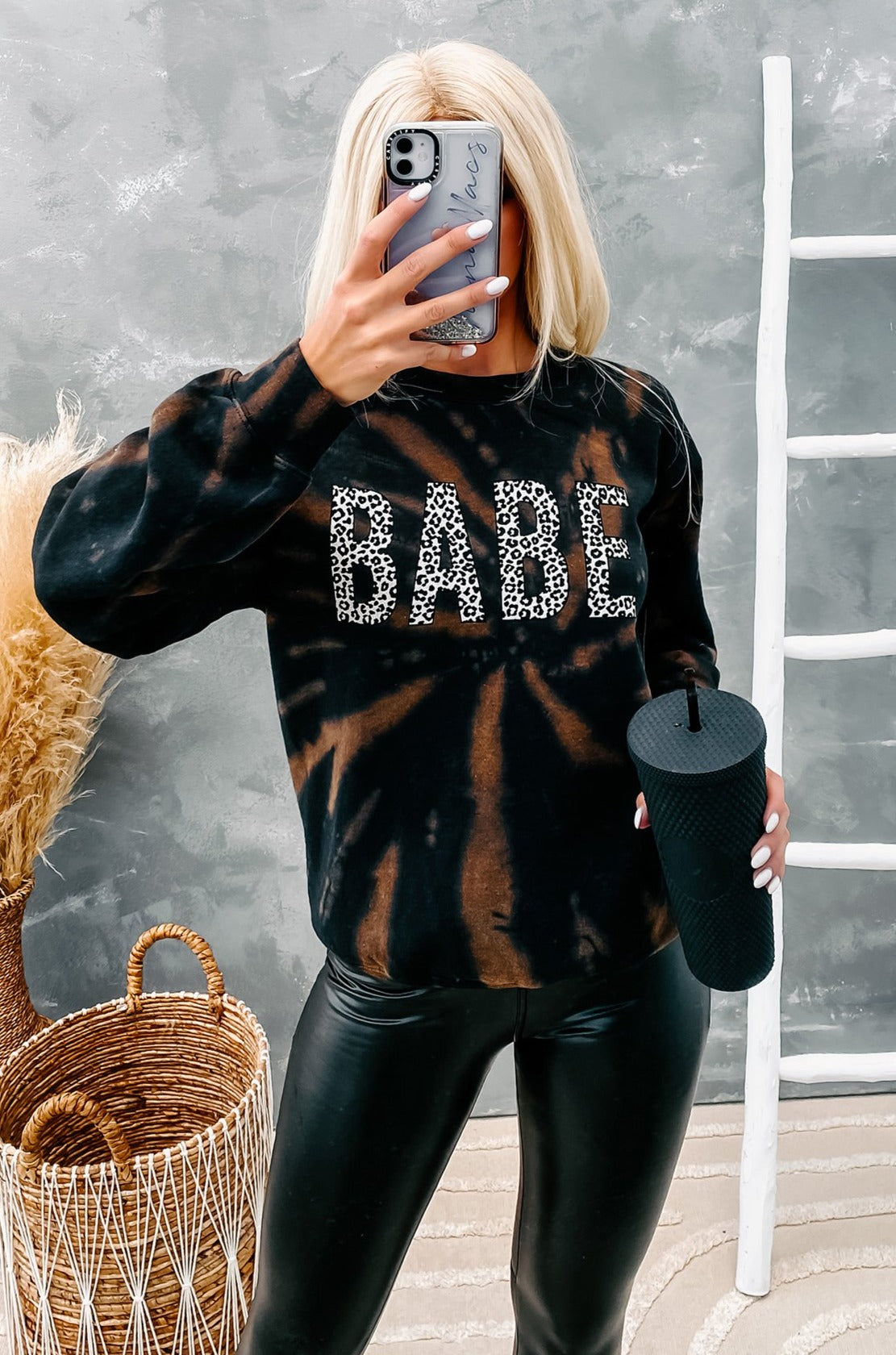 Leopard "Babe" Bleached Graphic Sweatshirt (Black Bleach Swirl) - NanaMacs