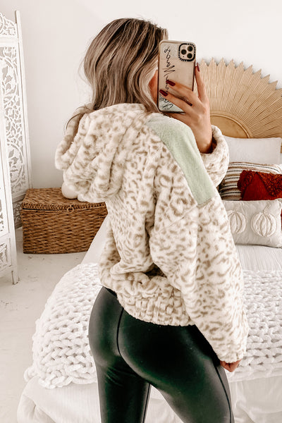 I'm All Fur It Leopard Faux Fur Hoodie (Taupe/Mint) - NanaMacs