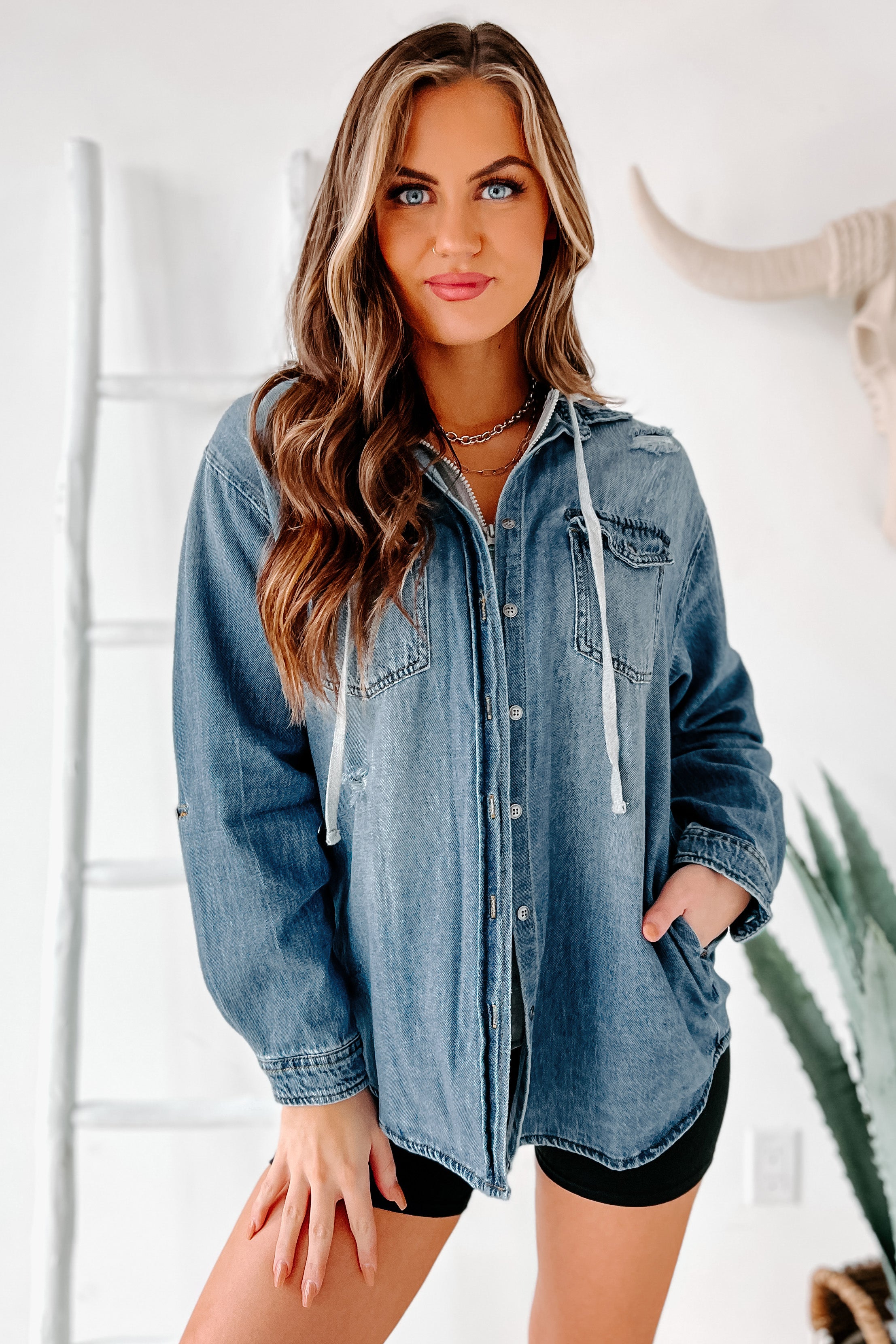 Compelling Story Hooded Denim Shacket (Medium)