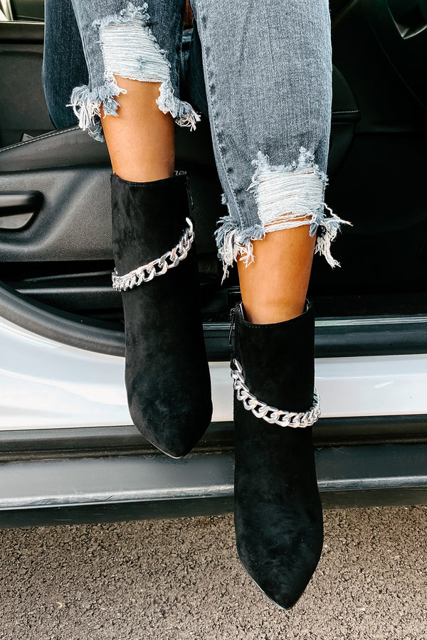 Linked To You Faux Suede Chain Detail Bootie (Black) - NanaMacs