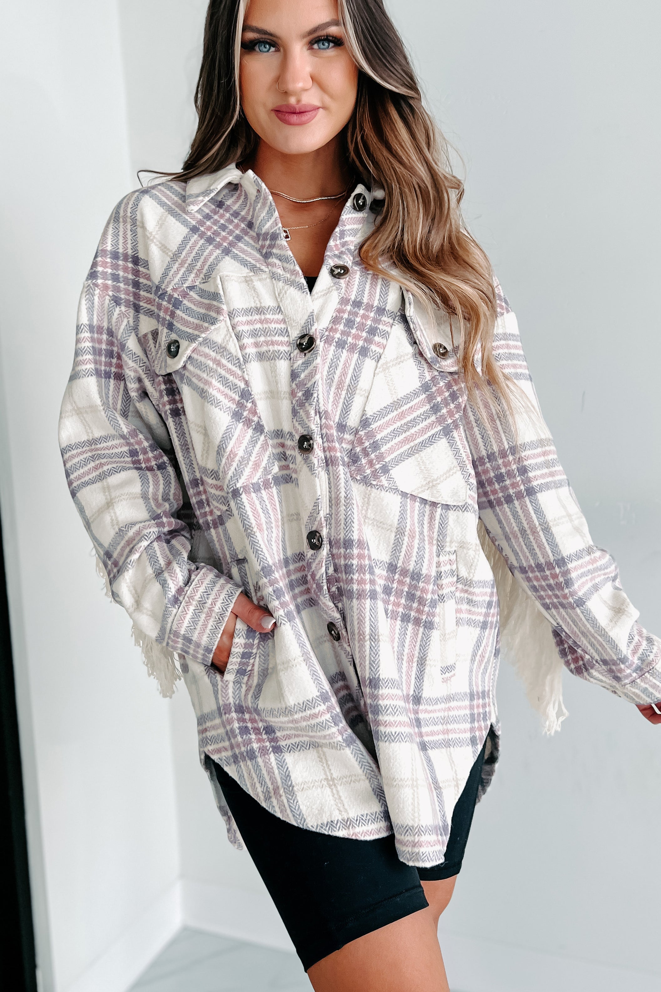 Drop By Plaid Fringe Shacket (Lavender) - NanaMacs