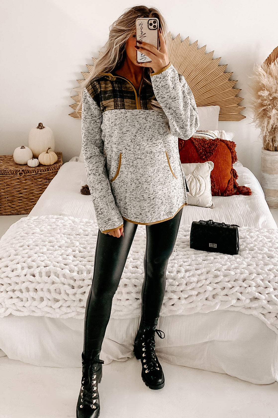 Cheerful Disposition Plaid Half-Zip Fleece Hoodie (Grey) - NanaMacs