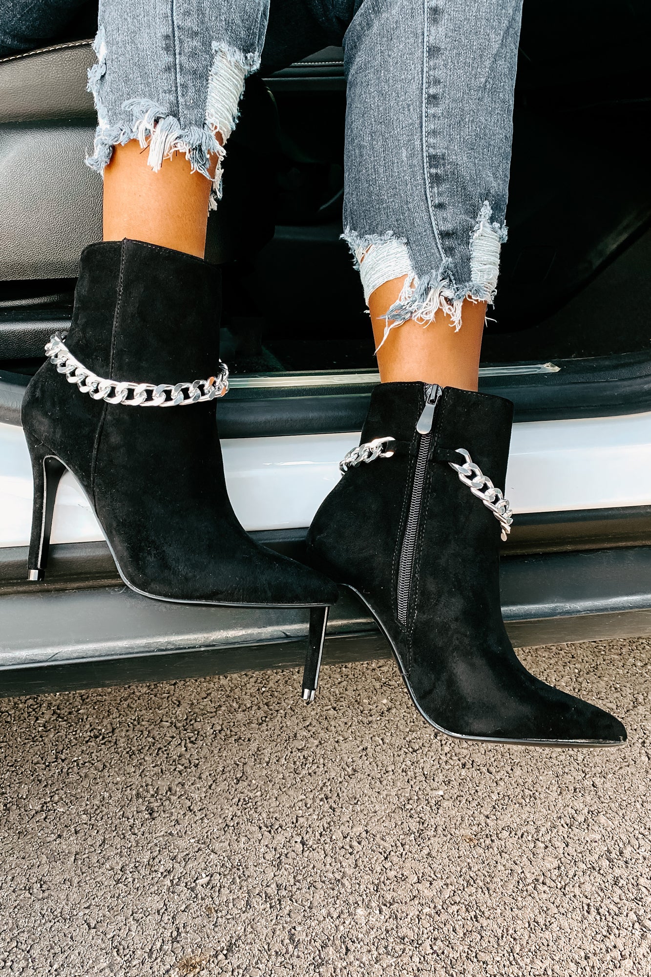 Linked To You Faux Suede Chain Detail Bootie (Black) - NanaMacs