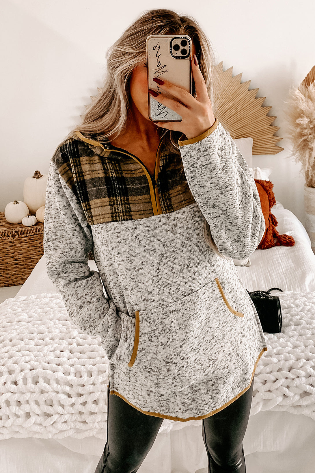 Cheerful Disposition Plaid Half-Zip Fleece Hoodie (Grey) - NanaMacs