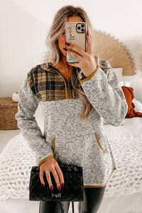 Cheerful Disposition Plaid Half-Zip Fleece Hoodie (Grey) - NanaMacs