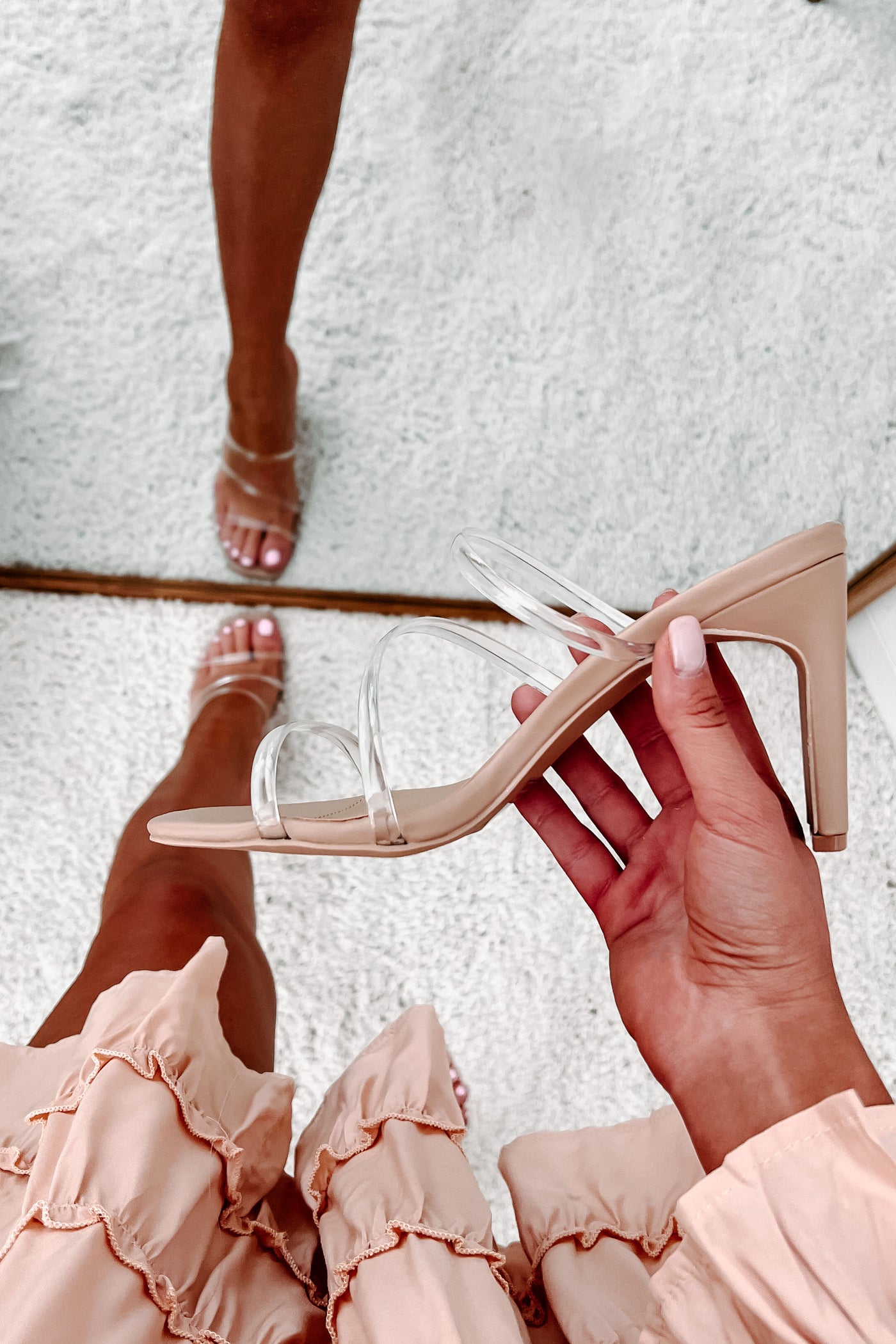 Done Deal Clear Strap Square Toe Heels (Clear/Nude) - NanaMacs