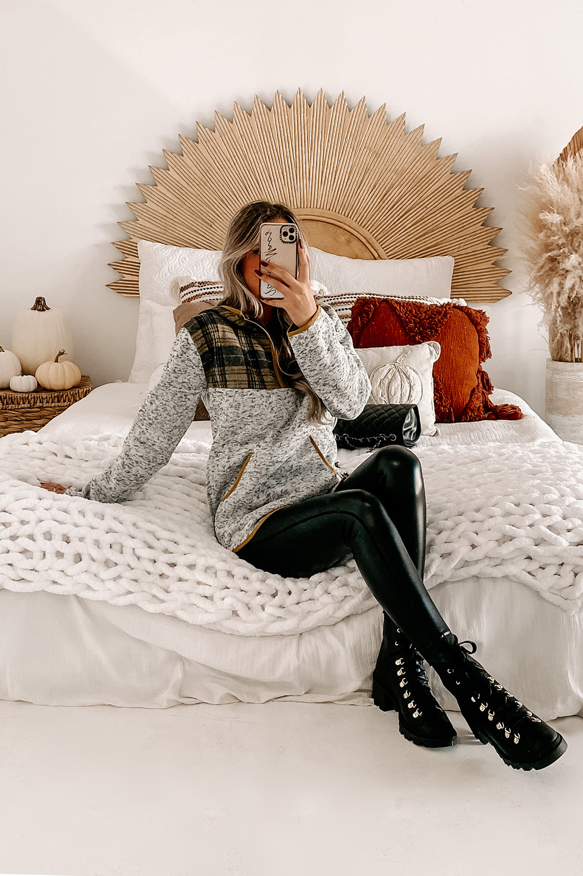 Cheerful Disposition Plaid Half-Zip Fleece Hoodie (Grey) - NanaMacs