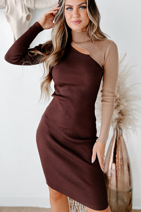 Feeling Like New Ribbed Colorblock Sweater Dress (Chocolate/Camel) - NanaMacs