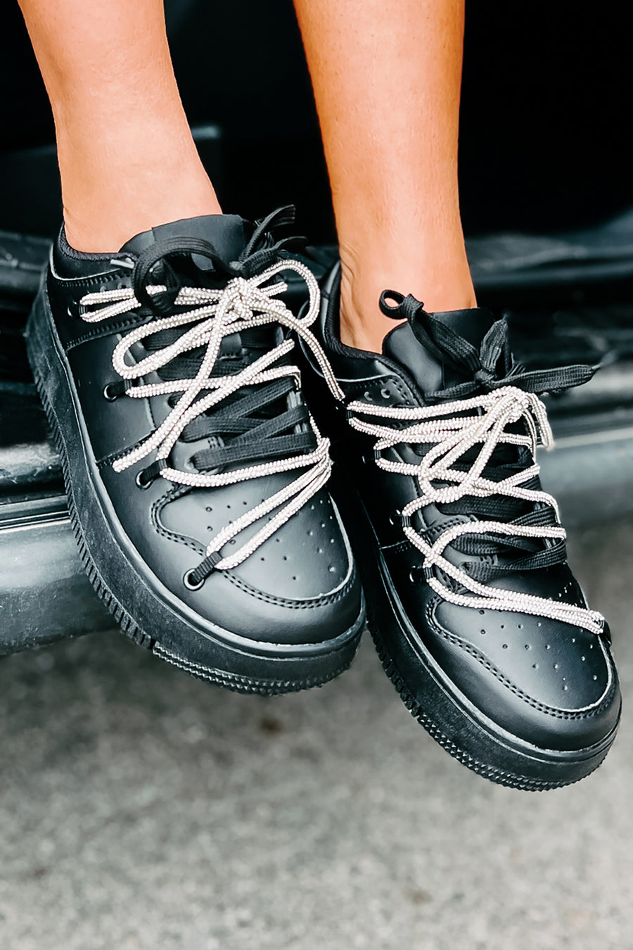 Dominating The Game Rhinestone Lace Platform Sneakers (Black) - NanaMacs