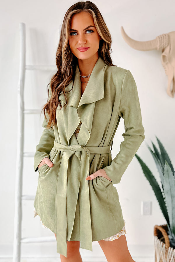 The Right Addition Faux Suede Tie-Waist Coat (Dusty Sage) - NanaMacs