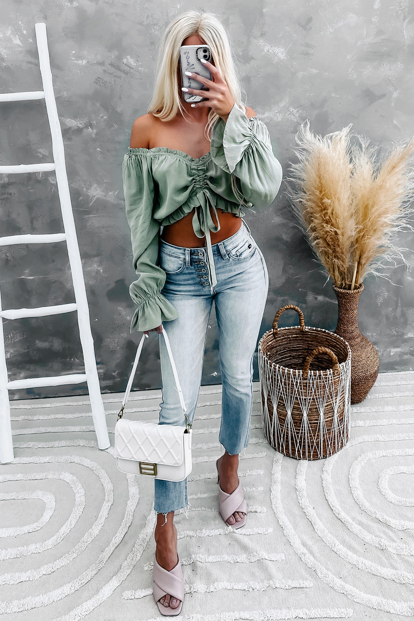 Read My Mind Off The Shoulder Crop Top (Faded Sage) - NanaMacs