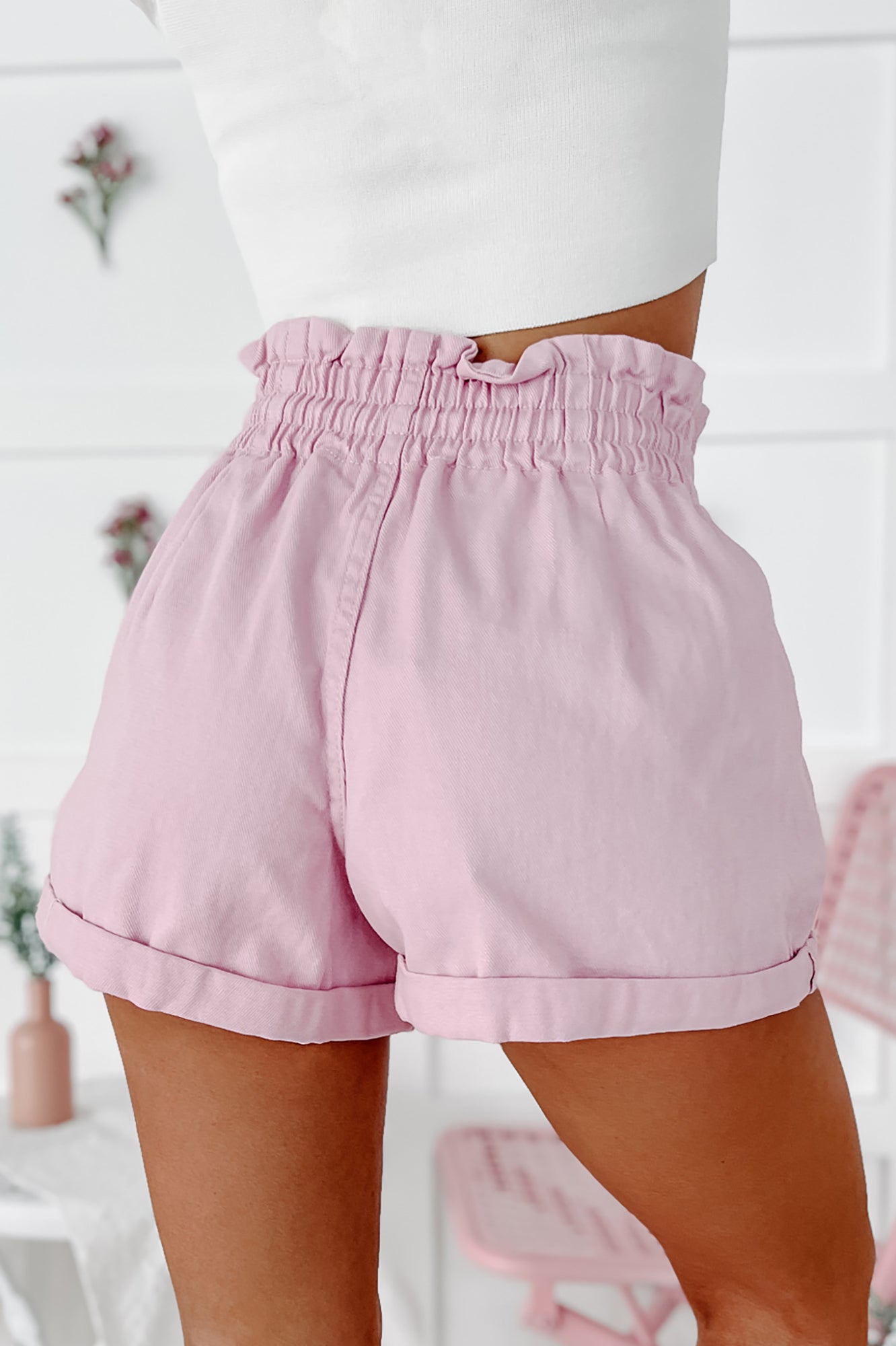 Always Bubbly Drawstring Waist Cuffed Denim Shorts (Pink) - NanaMacs