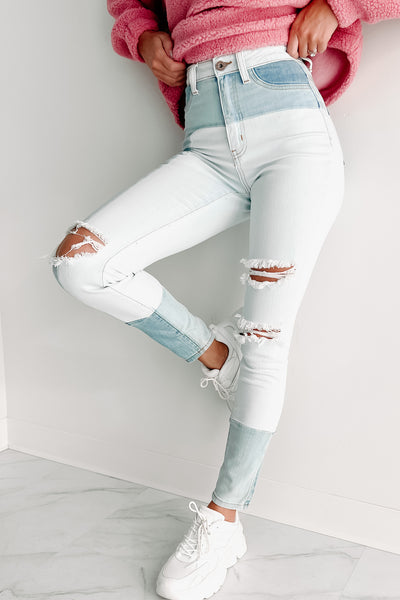 Slice & Dice High Rise Distressed Patchwork Jeans (Light) - NanaMacs