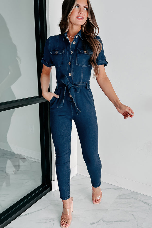 Honest Days Work Skinny Denim Jumpsuit (Dark Denim) - NanaMacs