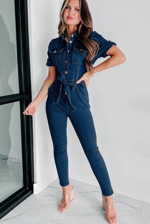 Honest Days Work Skinny Denim Jumpsuit (Dark Denim) - NanaMacs