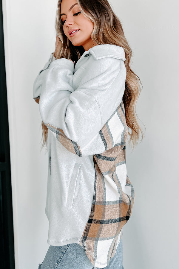 Open Ended Questions Plaid Contrast Panel Fleece Shacket (Grey) - NanaMacs