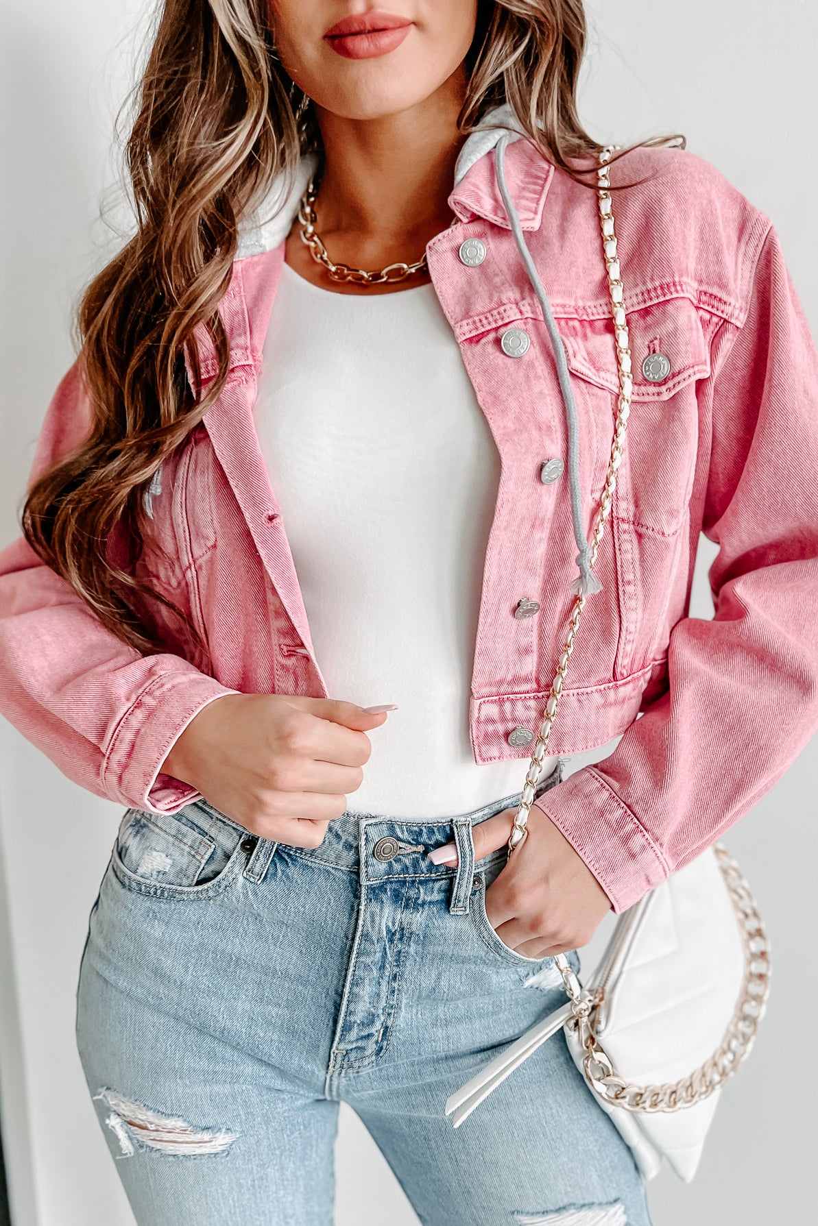 Baby pink denim hot sale jacket cropped