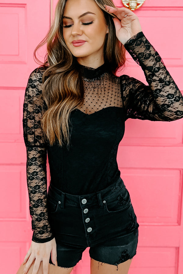 Chic By Trade Lace Mock Neck Bodysuit (Black) - NanaMacs