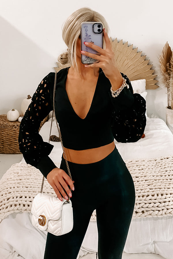 Nell Cutout Bubble Sleeve Crop Top (Black) - NanaMacs