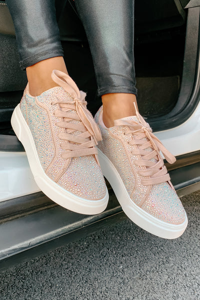 Moment In The Spotlight Madden Girl Lace-Up Rhinestone Sneakers (Blush) - NanaMacs