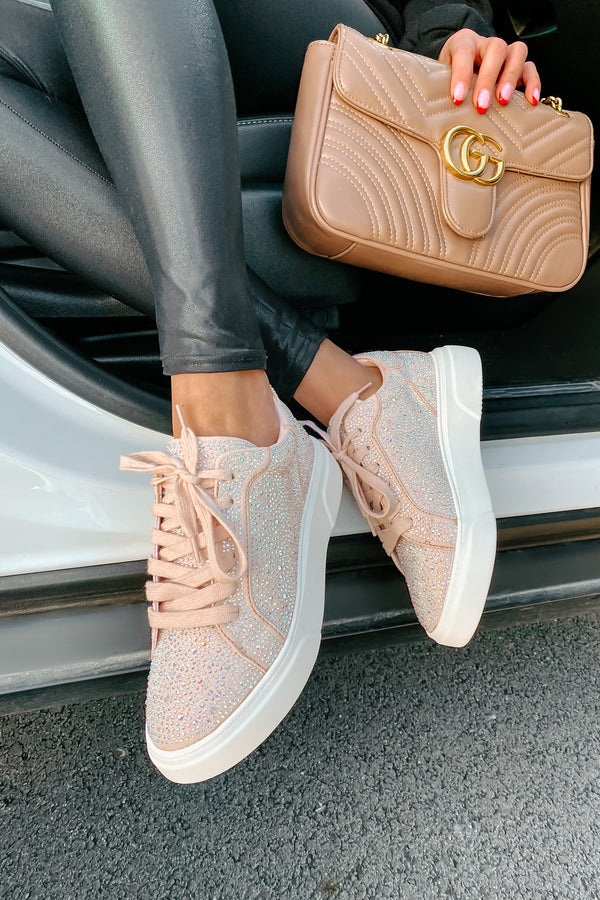 Moment In The Spotlight Madden Girl Lace-Up Rhinestone Sneakers (Blush) - NanaMacs