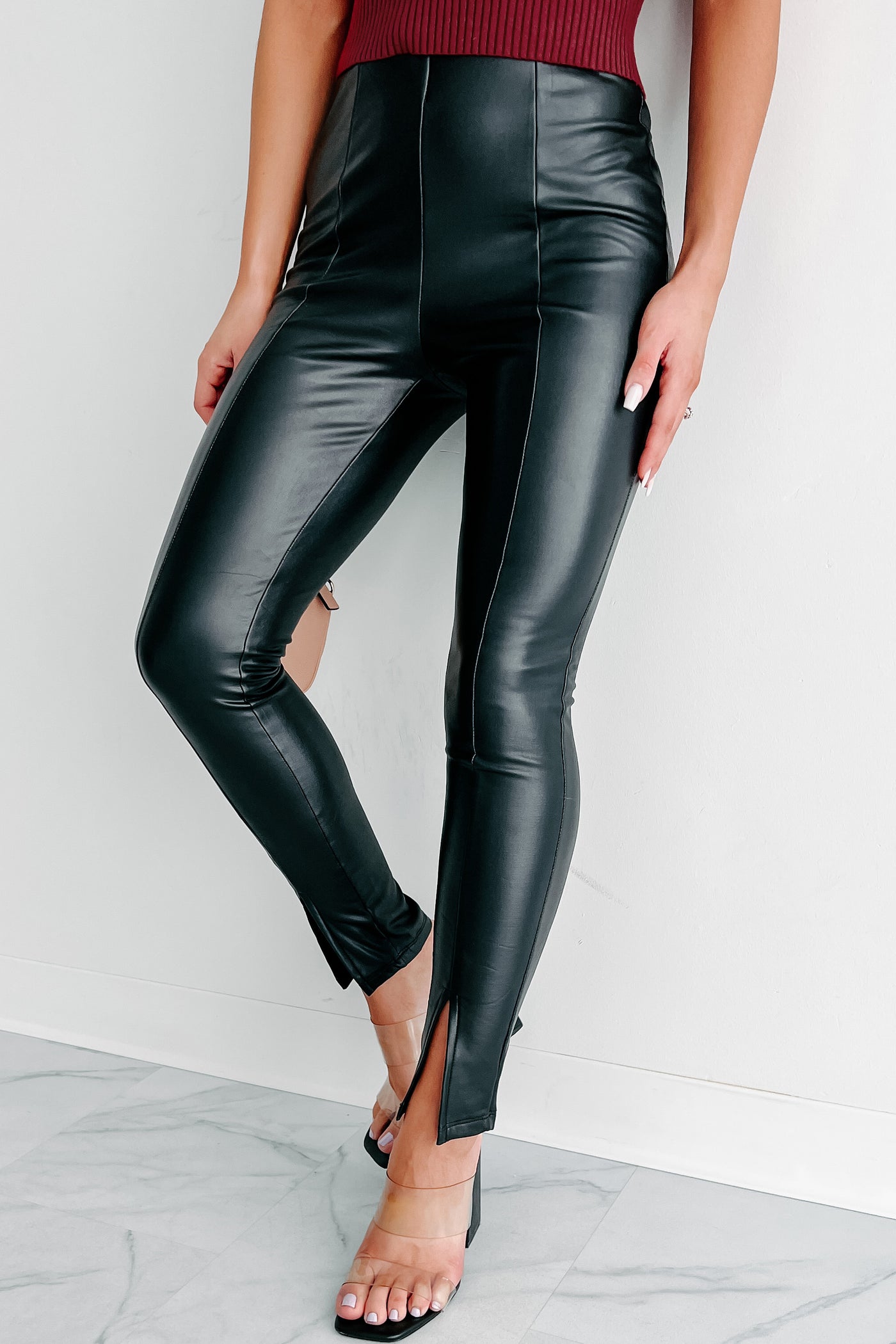 Taking Over Faux Leather Front Split Pants (Black) · NanaMacs