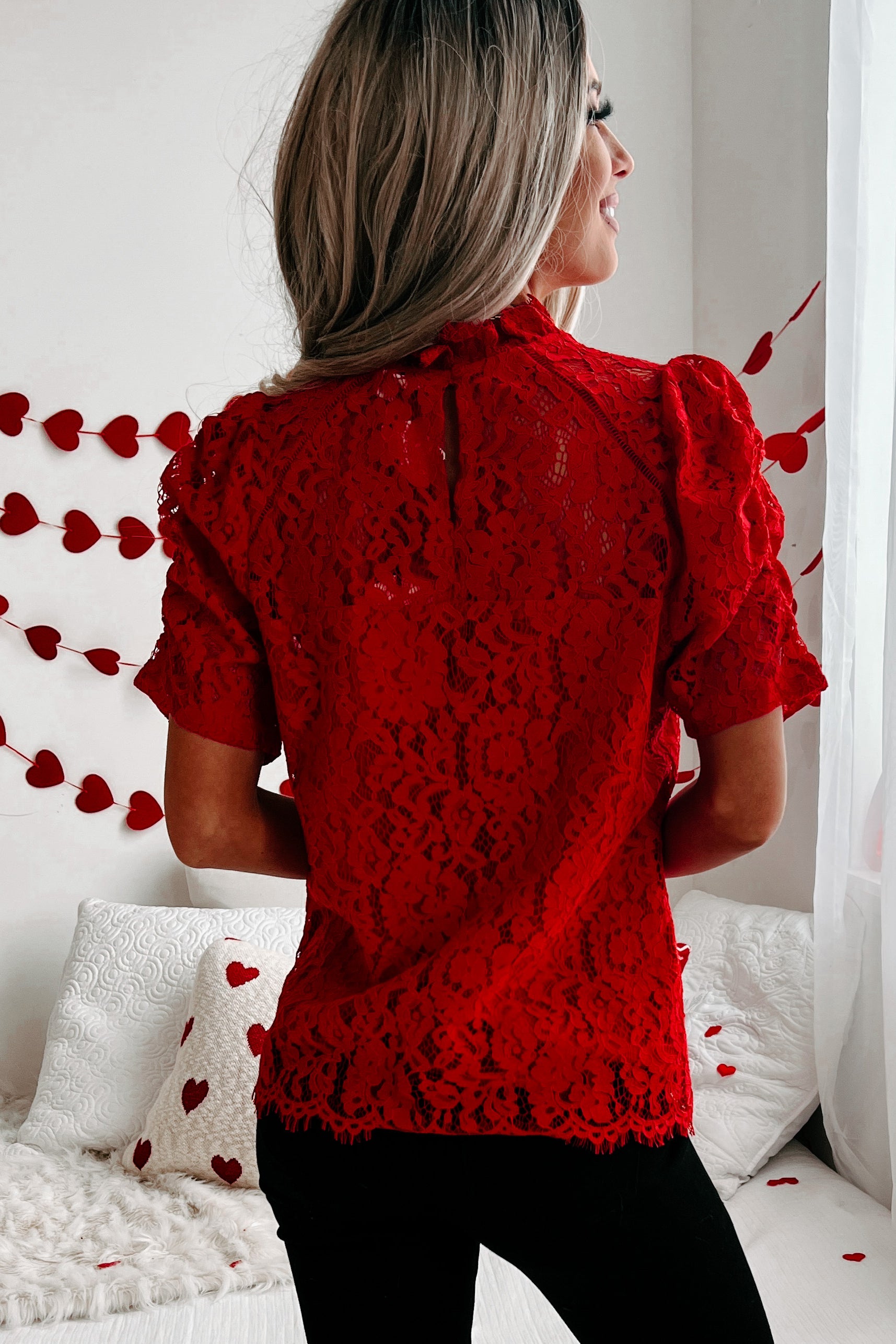 red high neck lace top